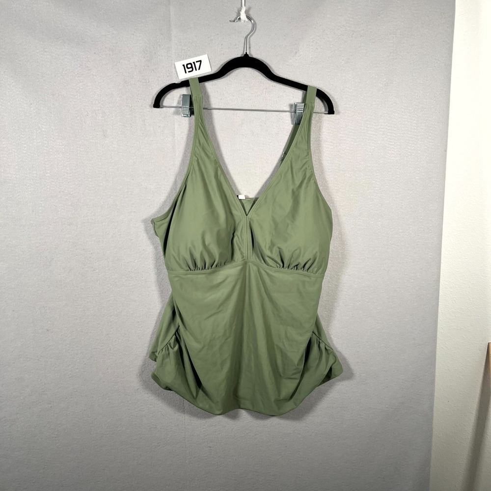 DACI Tankini Swimsuit Top Womens 24W Green Ruched Ruffle Hem V Neck One Piece